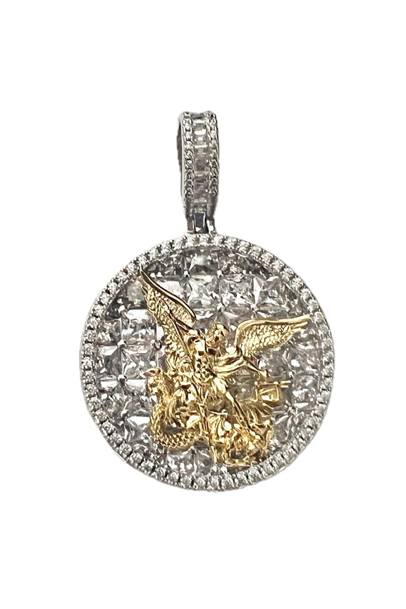 Real Solid 925 Sterling Silver St Michael Archangel Pendant Medallion CZ Baguettes Iced Flooded Out Charm