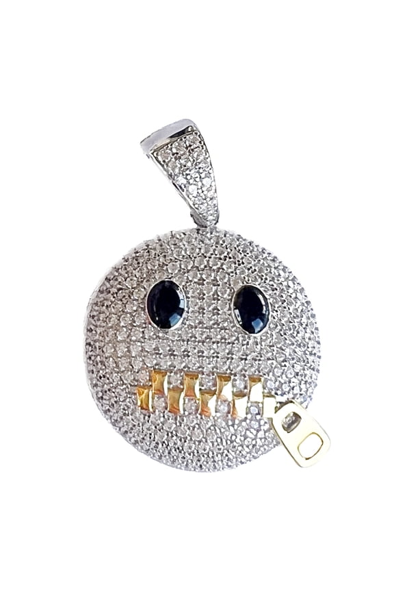 Real Solid 925 Sterling Silver Zipper Mouth Face Emoji Stop Snitching Iced Flooded Out CZ Bling Pendant Two Tone