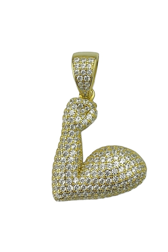 Real Solid 925 Sterling Silver w/ Gold Finish Iced Strong Flexing Arm Bicep Muscle Emoji Pendant 1" Tall