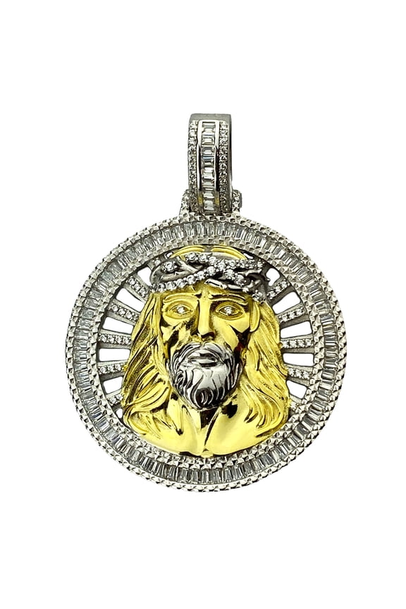 Real Solid 925 Sterling Silver w/Gold Finish Jesus Pendant 2 Tone Iced Medallion 1.5" Inch