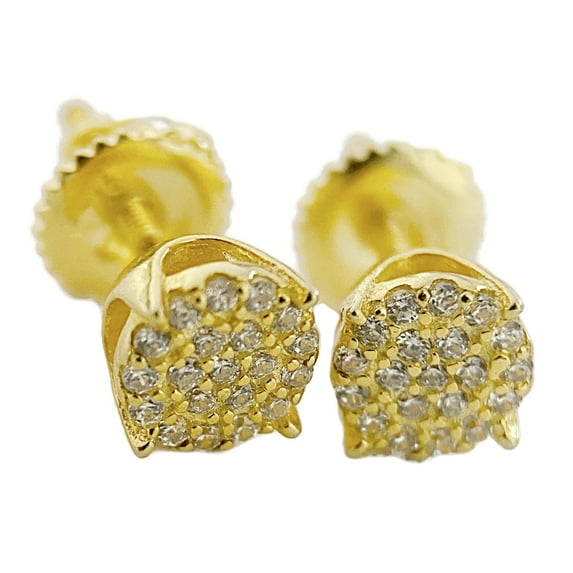 Real Solid 925 Sterling Silver with Gold Finish Iced CZ Flooded Out Round Micro Pave Earrings Screw Back 6MM