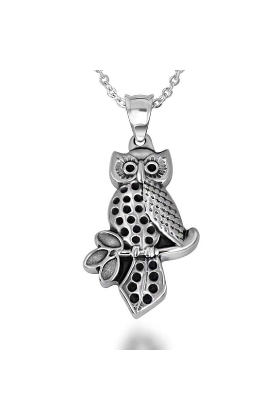 Real Stainless Steel and Vintage Antiqued Owl Black Crystals Pendant Necklace Charm Chain