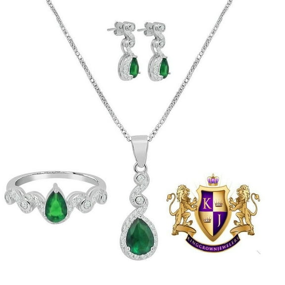 Real Sterling Silver 10K White Gold Over Green Emerald Ladies Pendent Charm Chain Neckless Earrings Ring 3 Piece Combo Set