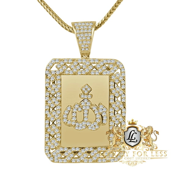 Real Sterling Silver Allah Muslim Charm Islamic Dog Tag Pendent Diamond + Chain/Gold Finish