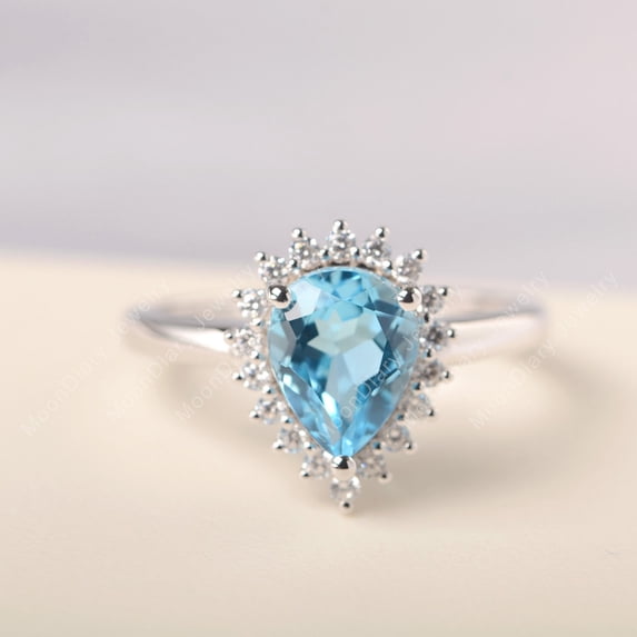 Real Swiss blue topaz proposal ring pear cut sterling silver vintage halo engagement ring November birthstone