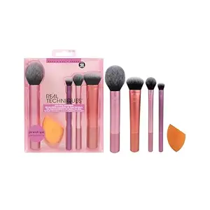 Real Techniques 5 Piece Everyday Essentials Makeup Brush Set, 4 Brushes & Makeup Sponge, For Foundation, Blush, Contour, Eyeshadow, & Powder, Travel Gift Set, Stocking Stuffer, Cruelty-Free & Vegan