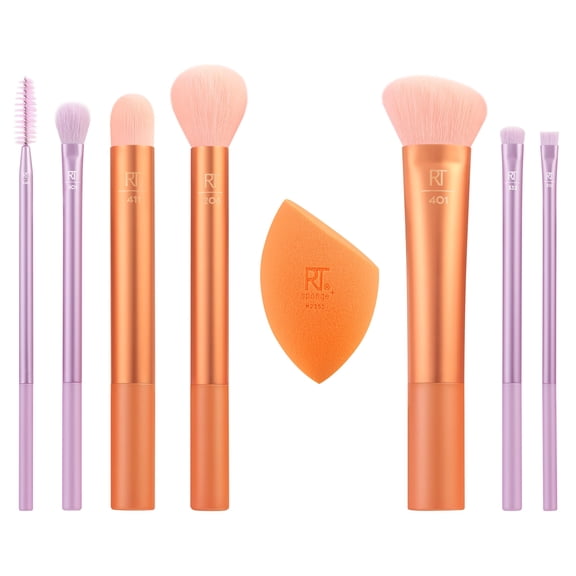 Real Techniques Level Up Brush And Sponge Kit, Makeup Brushes For Eyeshadow, Foundation, Blush, & Bronzer, Blending Sponge, Professional Quality Tools, Synthetic Bristles, 8 Piece Set