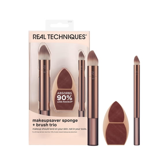 Real Techniques Makeupsaver Sponge + Brush Trio, Makeup Blending Sponge & Brushes For Liquid & Cream Formulations, Mimics Finger Application & Reduces Makeup Waste, Cruelty & Latex-Fre