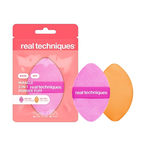 Real Techniques Miracle 2-in-1 Powder Puff, Dual-Sided Makeup Puff & Sponge, Multi Color, 1 Count
