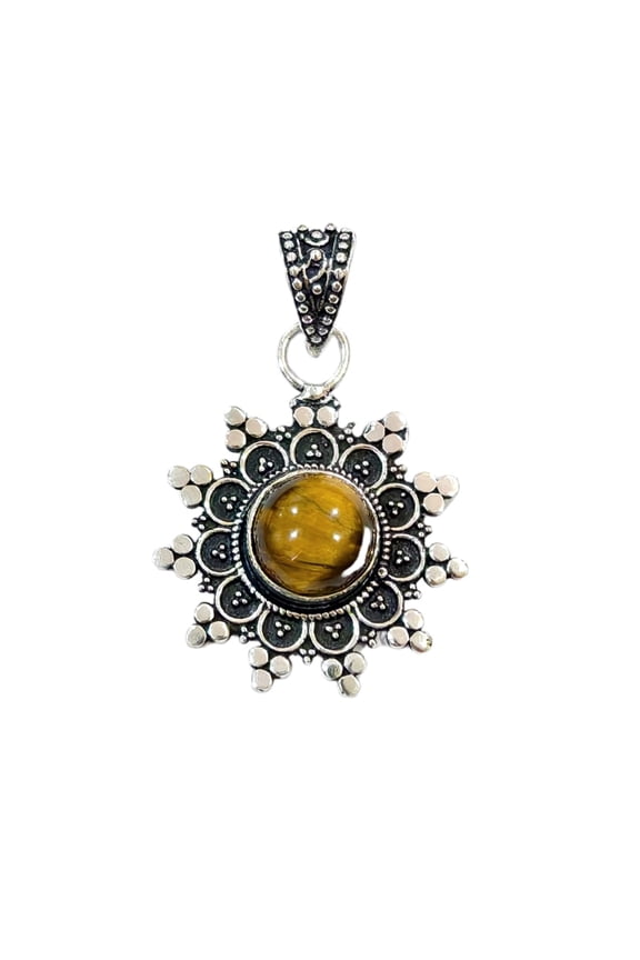 Filigree Design Orange Tiger Eye Gemstone Pendant, Silver-Plated Handmade Necklace Pendant