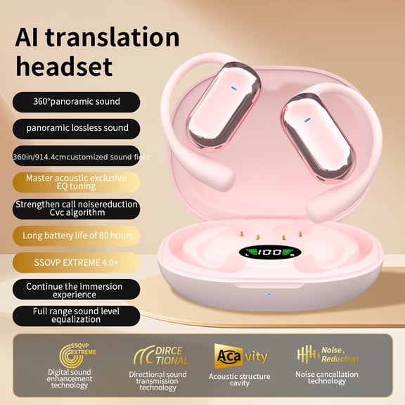 Real-Time AI Translation Earbuds 144 Languages, Live Interpreter & Meeting Notes, Noise Cancelling Wireless Headphones with Mic, Pure Sound, Rechargeable LED