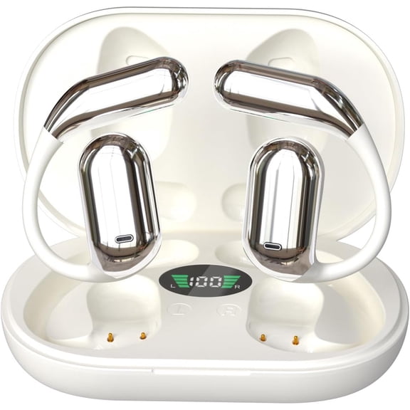 Real-Time AI Translation Earbuds, 4-in-1 Open-Ear Translator Earbuds with Two-Way Language Translation, Bluetooth 5.4 Wireless Earphones with HD Sound, Touch Control (White Gold)Z