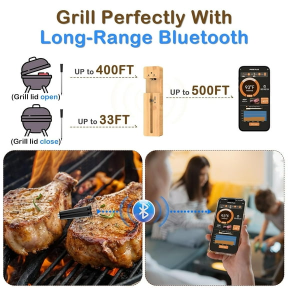 Real-Time Alerts Wireless Meat Thermometer - Smart Bluetooth for BBQ, Grill, Oven, Smoker