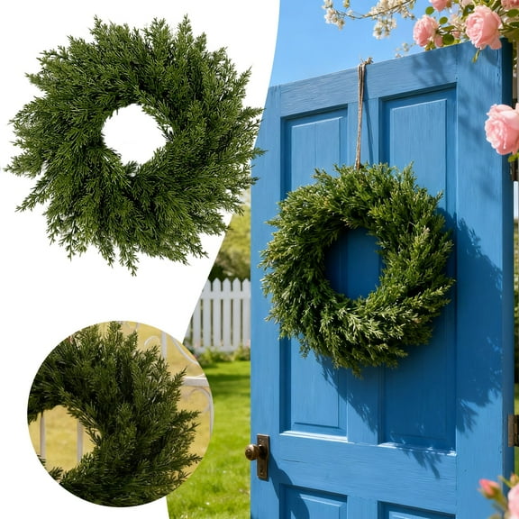 Real Touch Christmas Wreath Artificial Norfolk Pine & Cedar Greenery for Front Door, Winter Holiday Decor Indoor Outdoor Use, Full Green Pine Wreath for Home Wall and Window Decorations