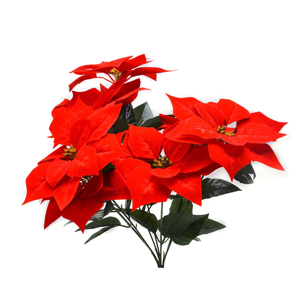 Real Touch Flannel Artificial Christmas Flowers Red Poinsettia Bushes