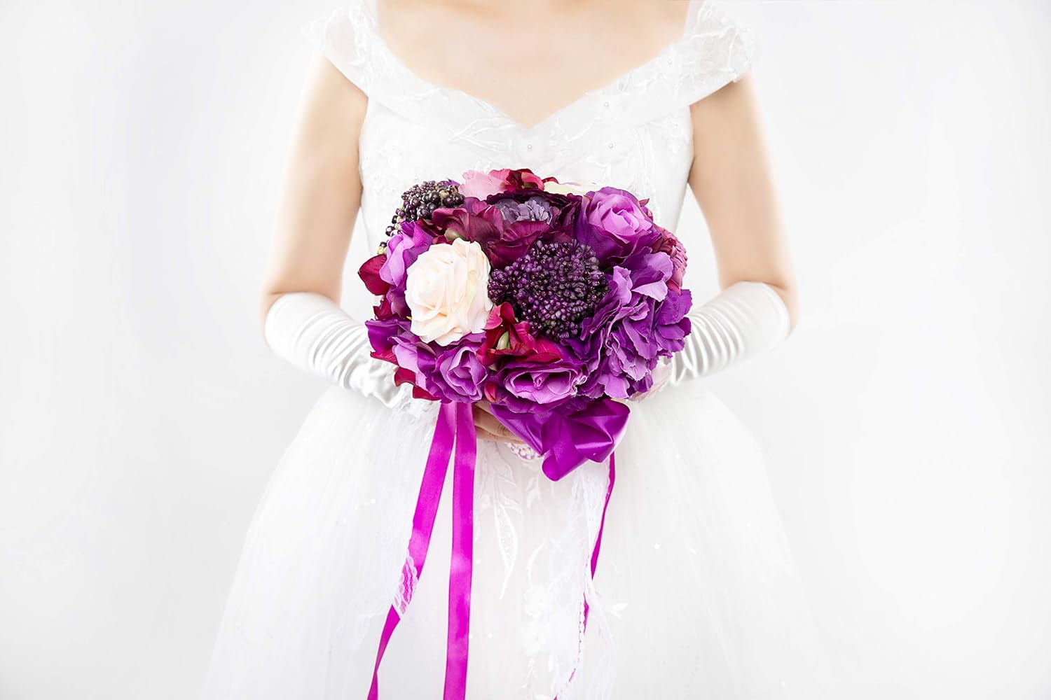 Real Touch Flowers Bouquets Rose Bridal Ribbon Crystal Decor Wedding Bouquet (A Round Bouquet