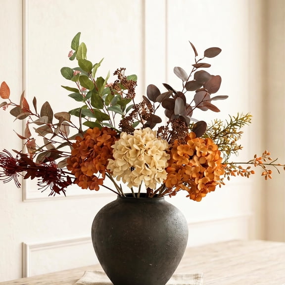 Real Touch White Faux Hydrangea And Eucalyptus Arrangement, Faux Floral Arrangements, Hyper Realistic Artificial Flowers, White Centerpieces For Kitchen Dining Coffee Table Decor