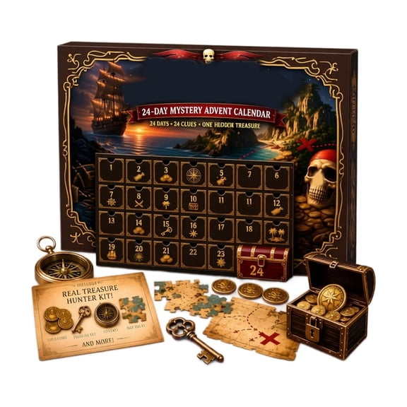 Christmas Treasure Hunter Mystery Advent Calendar 2026, 24 Day Pirate Treasure Hunt with Compass, Map, Puzzle, Coins, Treasure Chest, Interactive Game