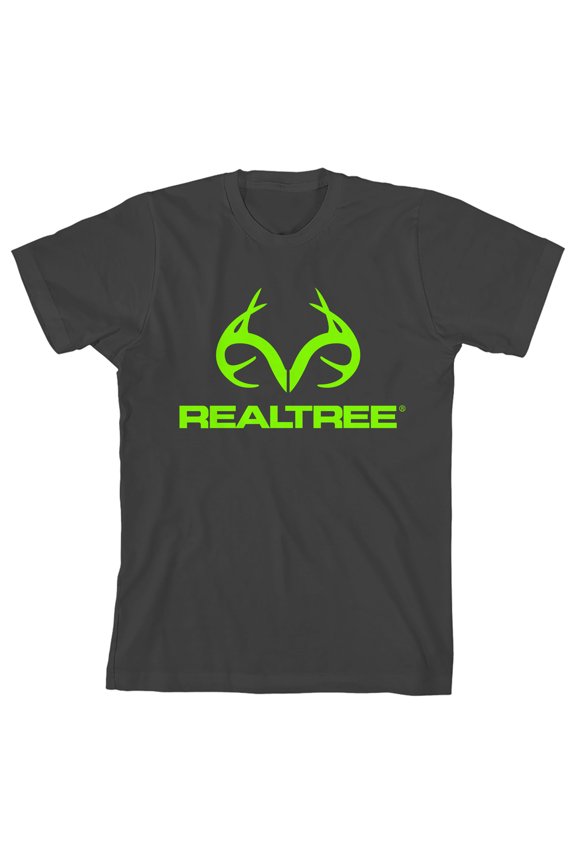 Real Tree Lime Green Logo Youth Charcoal Crew Neck Short Sleeve T-shirt  - Medium