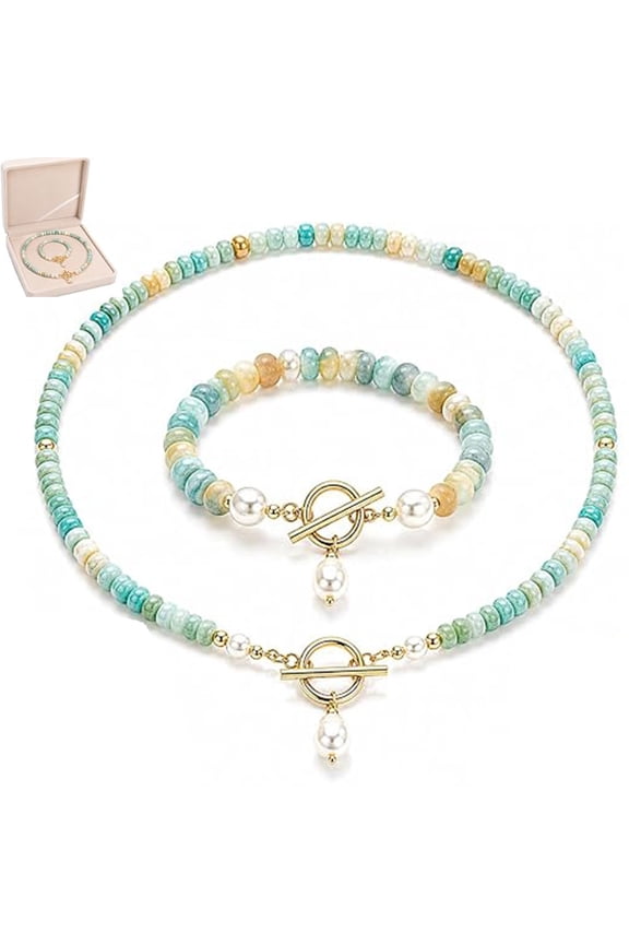 Real Turquoise Pearl Jewelry Set for Women Handmade Beaded Necklace Bracelet Dainty Boho Gift Exquisite Box Gift