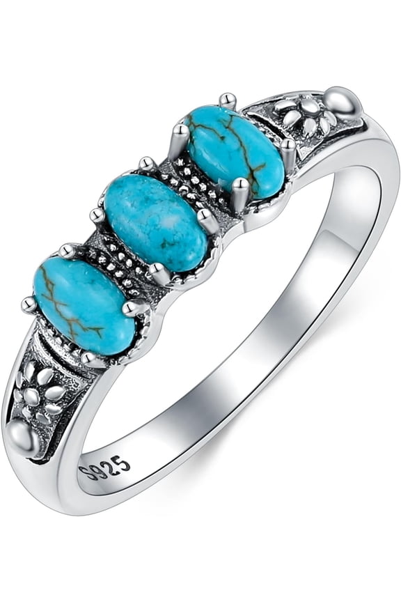 Real Turquoise Rings 925 Sterling Silver Genuine Turquoise 3 Stone Ring Vintage Southwestern Jewelry Gifts for Women