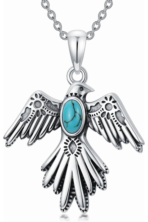 Real Turquoise Thunderbird Necklace for Women 925 Sterling Silver Gemstone Southwestern Thunderbird Pendant Western Jewelry Gifts for Birthday