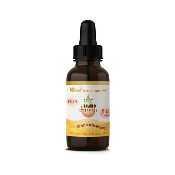 Real Unique Formula Natural Adult Health Essentials Drop, DHA - Folate - Vitamin D3, 1.8 Oz