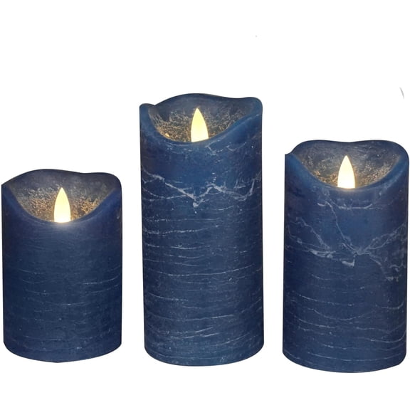 Real Wax Battery Operated Flameless Candles with Automatic Daily Cycle Timer Realistic Flickering Electric LED Pillars Wedding Party Holiday Decorations Set of 3 Rustic Texture Navy Blue