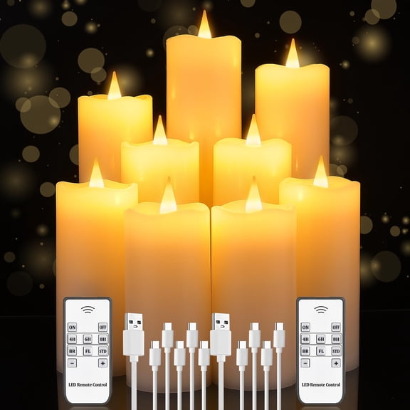 Real Wax Rechargeable LED Flameless Candles with Remote and Timer,USB Flickering White Pillar Candles-9 Pack for Home Decor Halloween Christmas Decor