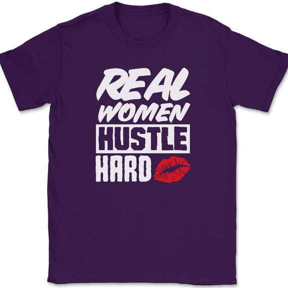 Real Women Hustle Hard T-Shirt Street Wear Match Shoes Text Tee - Purple, M