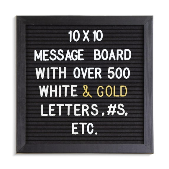 Real Wood Framed Felt Letter Board, Changeable Message Board, 10" x 10", Folding Stand and Wall Mount, 500+ Pieces of White & Gold Letters, Numbers, Words & Symbols, by Better Office Products