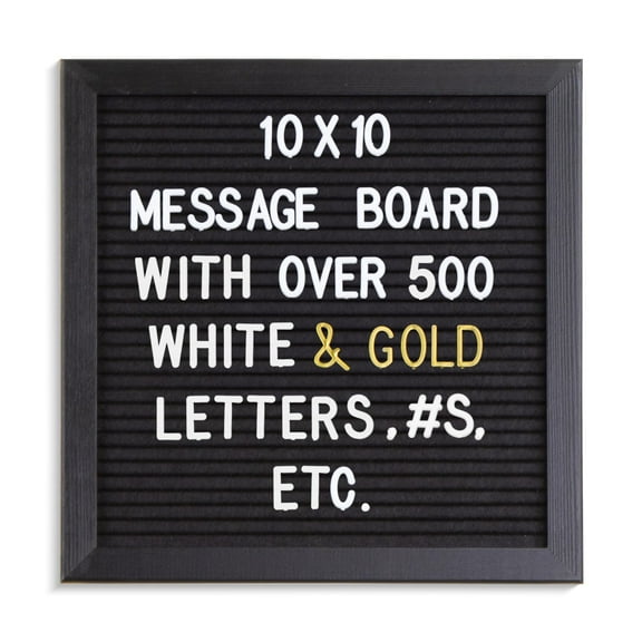 Real Wood Framed Felt Letter Board, Changeable Message Board, 10" x 10", Folding Stand and Wall Mount, 500+ Pieces of White & Gold Letters, Numbers, Words & Symbols, by Better Office Products