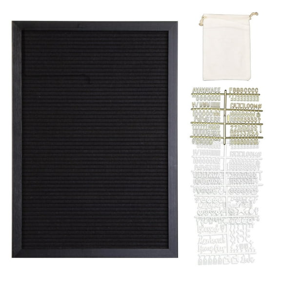 Real Wood Framed Felt Letter Board, Changeable Message Board, 12" x 17", Folding Stand and Wall Mount, 500+ Pieces of White & Gold Letters, Numbers &Words, by Better Office Products (Black/Black)