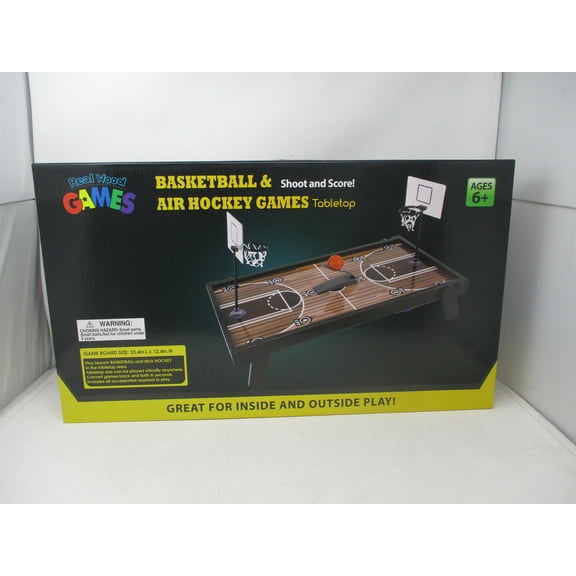 Real Wood Games Shoot and Score 2-in-1 Air Hockey and Basketball Tabletop Game