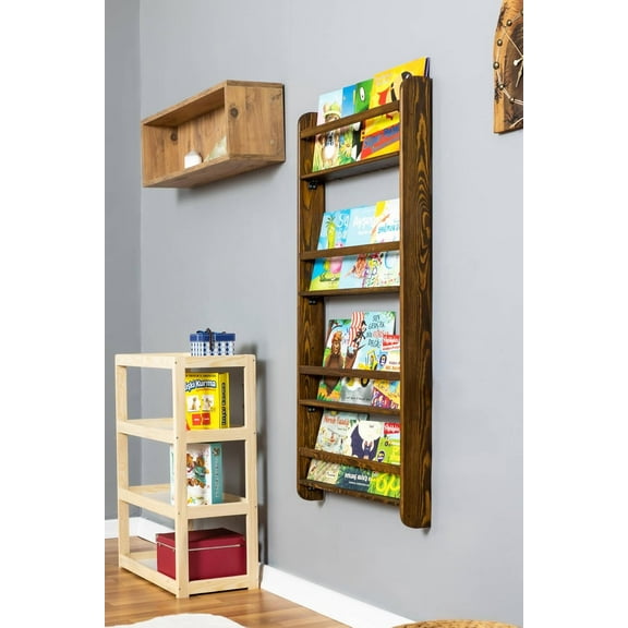 Real Wood Handmade Walnut Color  Wall Mounted Montessori Bookshelf for , Bedroom, Living Room (4 Tier, 48" Hx24 W)