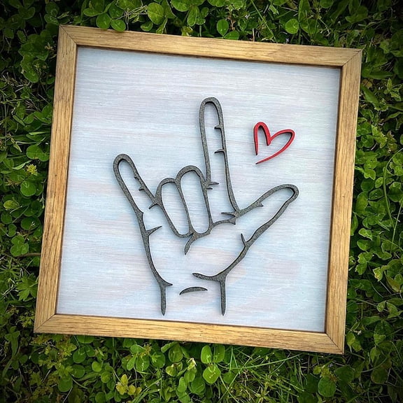 Real Wood I Love You Hand Sign 3D Picture Frame Decor - Rustic Wooden Frame With Metal Hand Gesture And Red Heart Accent For Home Living Room Bedroom Office Tabletop Decor