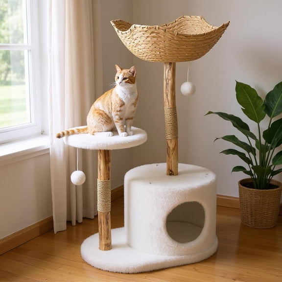 Real Wood Modern Cat Tree Tower, Cat Scratching Post with Bed for Indoor Cats with Natural Wicker Condo, Aesthetic Tree Stand, Boho Luxury Pet Furniture one Platform