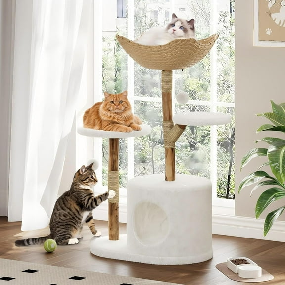 Real Wood Modern Cat Tree Tower for Indoor Cats Large Adult, Wooden Kitty Climbing Tower with Scratching Post and Bed, Boho Aesthetic Luxury Pet Furniture by Rio & Roxy at Tree for Indoor Cats Large A