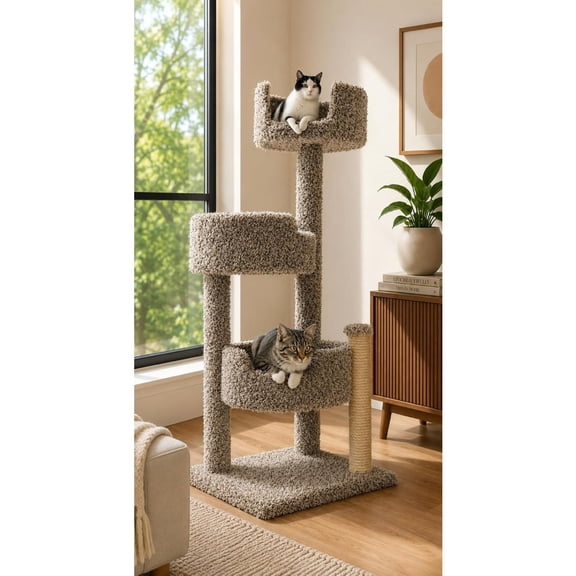 Real Wood and Carpeted Cat Tree for Indoor Use, Natural Wood and Gray Speckled Carpet, Sturdy Construction and Multi-Level Play Areas