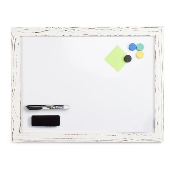 Real Wooden Framed Magnetic Dry Erase Whiteboard, 18" X 24", Vertical/Horizontal Wall Mount, Includes Black Marker, Eraser and 4 Magnets, by Better Office Products (Whitewash)