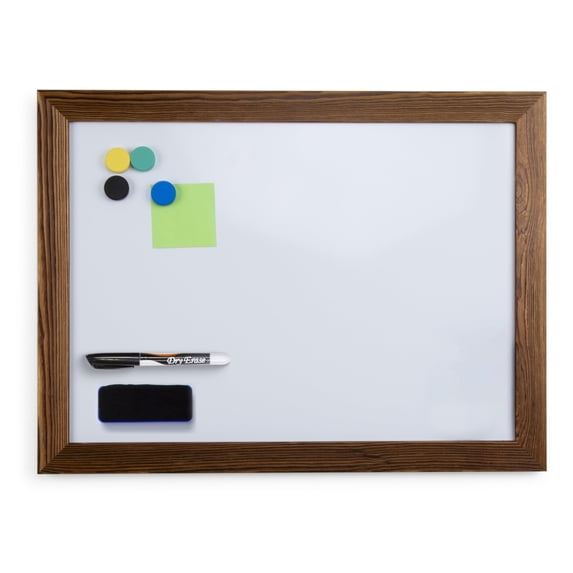 Real Wooden Framed Magnetic Dry Erase Whiteboard, 18" X 24", Vertical/Horizontal Wall Mount, Includes Black Marker, Eraser and 4 Magnets, by Better Office Products (Rustic Brown)