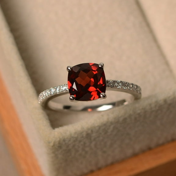Real garnet ring,sterling silver, cushion cut, Engagement ring for women