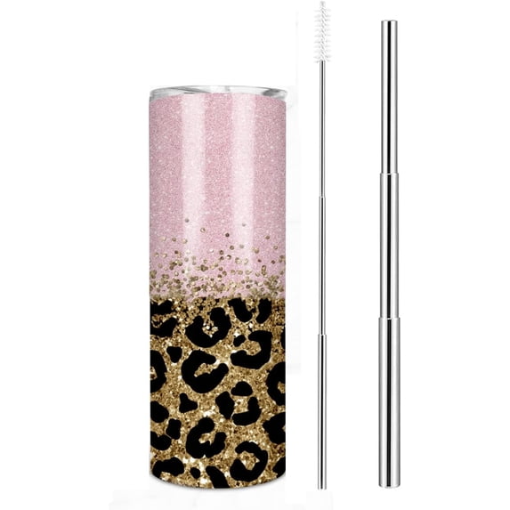 Real giltter handmade Tumbler sealed by epoxy 20oz Leopard Print Skinny Tumbler Insulated Water Bottle Coffee Tumbler Travel Mug Gifts for Women (Babypink leopard)