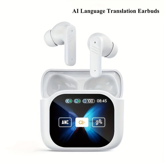 Real-time translation wireless earbuds with ENC noise reduction and Bluetooth 5.4. Equipped with full-color touch screen, stereo sound and volume control, charged via Type-C port.