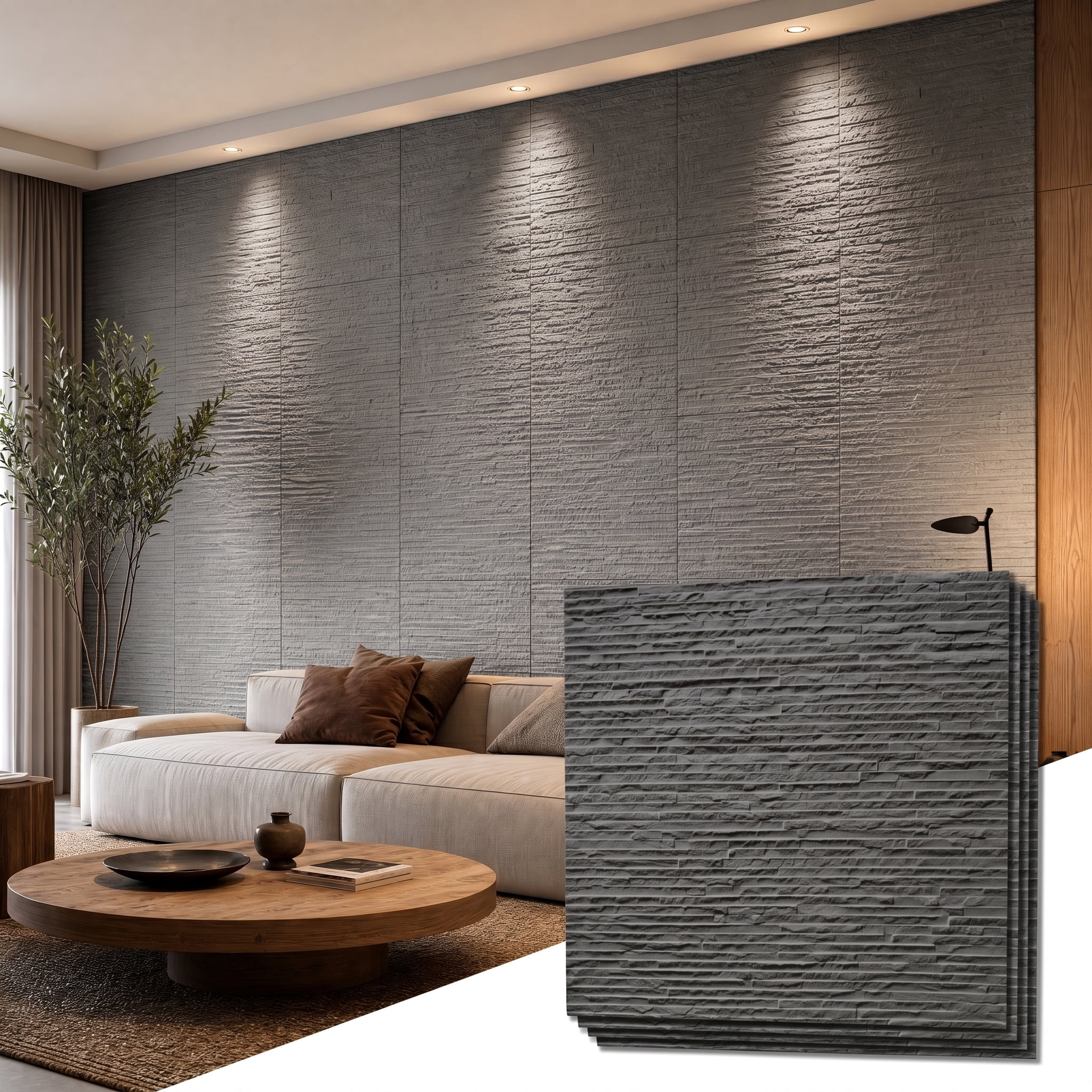 Real3D 8Pcs 24"x24" Faux Stone Wall Panels 3D Textured, Flexible Real Sand Finish Decorative Wall Tiles,Cement Gray