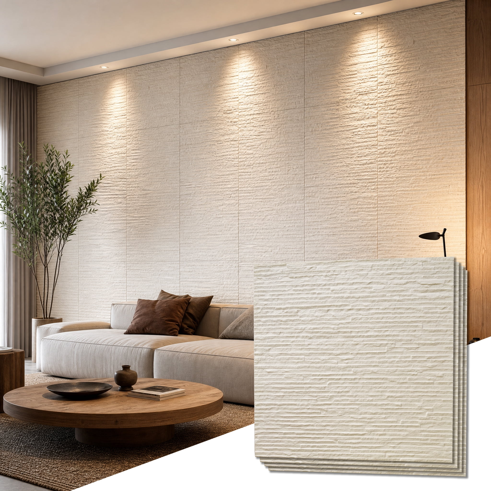 Real3D 8Pcs 24"x24" Faux Stone Wall Panels 3D Textured, Flexible Real Sand Finish Decorative Wall Tiles,Creamy White