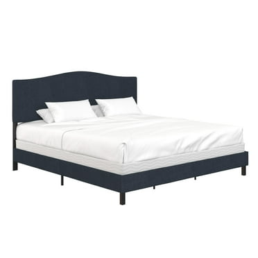 RealRooms Mason Linen Upholstered Bed with Curved Headboard, King, Blue