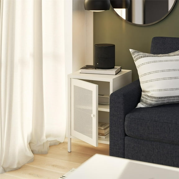 RealRooms Shadwick 1 Door Metal Living Room End Table with Perforated Metal Mesh Door, Soft White