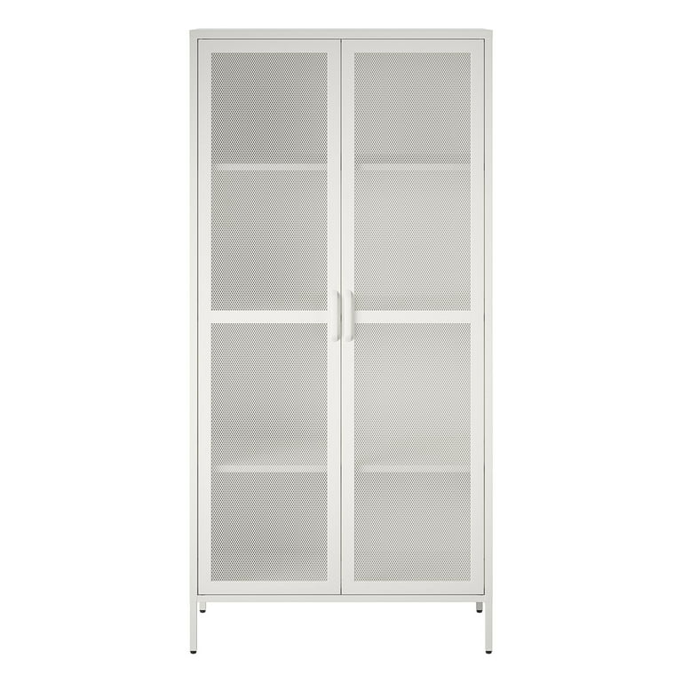 RealRooms Shadwick 2 Door Tall Metal Locker Style Storage Cabinet-Mesh Metal Doors, Soft White