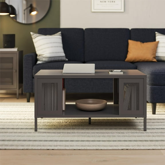 RealRooms Shadwick Metal Coffee Table with Perforated Metal Mesh Accents, Graphite